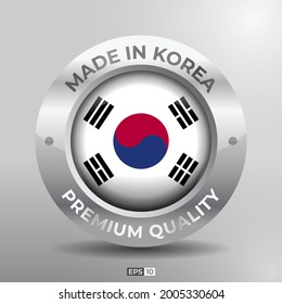 Made in Korea Label, Logo, Stamp Round Flag of Nation with 3D Silver Glossy Effect