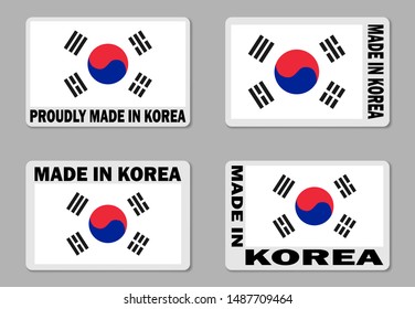 Made in Korea label sticker, vector set. Merchandise tag with South Korean flag.