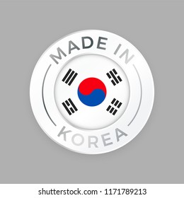 Made in Korea seal or quality logo ticker for premium Korean brand package design. Vector made in Korea silver metal circle stamp icon with flag