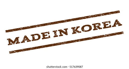 Made In Korea watermark stamp. Text caption between parallel lines with grunge design style. Rubber seal stamp with scratched texture. Vector brown color ink imprint on a white background.