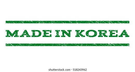 Made In Korea watermark stamp. Text caption between horizontal parallel lines with grunge design style. Rubber seal stamp with scratched texture. Vector green color ink imprint on a white background.