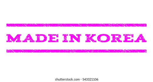 Made In Korea watermark stamp. Text caption between horizontal parallel lines with grunge design style. Rubber seal stamp with dust texture. Vector magenta color ink imprint on a white background.