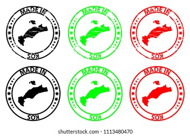 Made in Kos - rubber stamp - vector, Kos(Cos) map pattern - black, green and red
