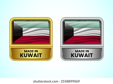 Made in Kuwait label icon in gold and silver color. Flag icon set for business