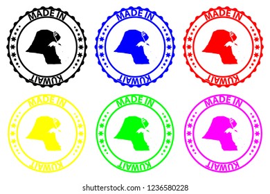 Made in Kuwait - rubber stamp - vector, Kuwait map pattern - black, blue, green, yellow, purple and red