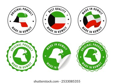 Made in Kuwait - conjunto de etiquetas, selos, distintivos, com o mapa e bandeira do Kuwait. Melhor qualidade. Produto original. Ilustração vetorial