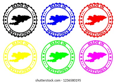 Made in Kyrgyzstan - rubber stamp - vector, Kyrgyzstan map pattern - black, green, blue, yellow, purple and red