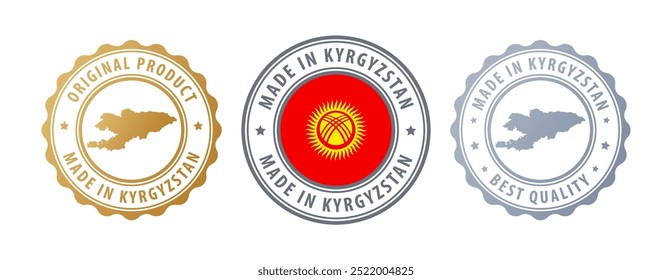 Made in Kyrgyzstan - set of stamps with map and flag. Best quality. Original product. Vector illustration