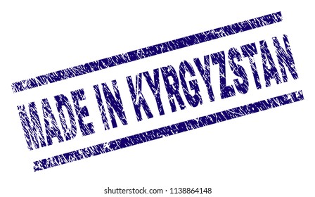 MADE IN KYRGYZSTAN stamp seal watermark with scratced style. Blue vector rubber print of MADE IN KYRGYZSTAN caption with dust texture. Text caption is placed between parallel lines.