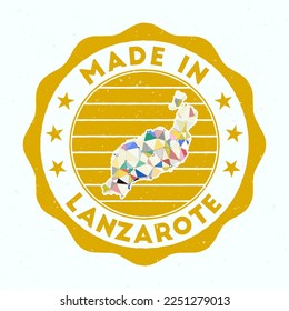 Made In Lanzarote. Island round stamp. Seal of Lanzarote with border shape. Vintage badge with circular text and stars. Vector illustration.