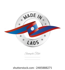 Hergestellt in Laos. Laos Flagge Band mit Kreis Silber Ring Siegel Stempel Symbol. Laos-Zeichen-Label-Vektorgrafik isoliert auf weißem Hintergrund