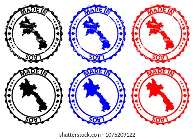 Made in Laos - rubber stamp - vector, Laos map pattern - black, blue and red
