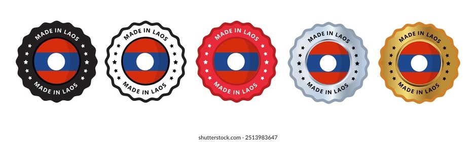 Made in laos set of sign stamp badge, with varian color red, silver, gold, black suitable for products manufactured, military, agriculture or food vector illustration eps editable text