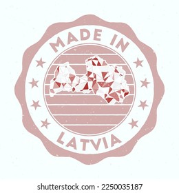Made In Latvia. Country round stamp. Seal of Latvia with border shape. Vintage badge with circular text and stars. Vector illustration.