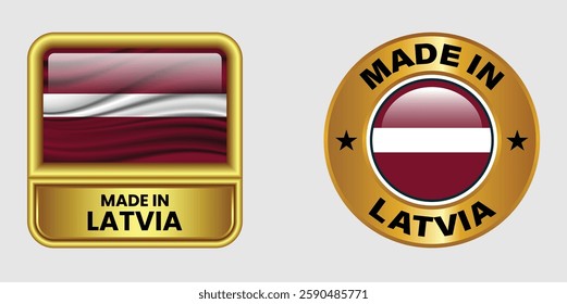 Made in Latvia label icon set in gold color, featuring both rectangular and circular designs. Includes the Latvia flag icon, ideal for business and product branding