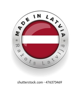 Made in Latvia silver button with Latvian translation