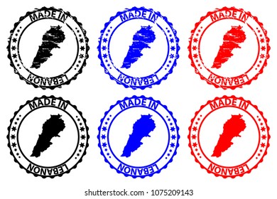 Made in Lebanon - rubber stamp - vector, Lebanon map pattern - black, blue and red