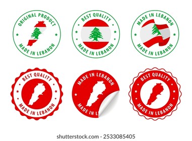 Made in Lebanon - set of stamps and stickers with map and flag. Best quality. Original product. Vector illustration.