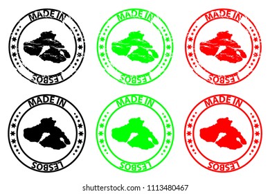 Made in Lesbos - rubber stamp - vector, Lesbos island map pattern - black, green and red