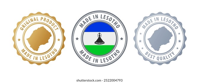 Hecho en Lesoto - conjunto de sellos con mapa y bandera. La mejor calidad. Producto original. Ilustración vectorial