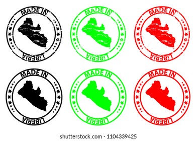 Made in Liberia - rubber stamp - vector, Liberia map pattern - black, green and red