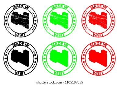 Made in Libya - rubber stamp - vector, Libya map pattern - black, green and red