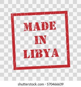 made in Libya text rubber seal stamp watermark. Caption inside rounded rectangular banner with grunge design and dirty texture. Slanted vector ink sticker on transparent background
