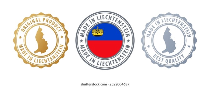Made in Liechtenstein - set of stamps with map and flag. Best quality. Original product. Vector illustration