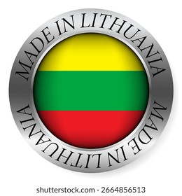 Made in Lithuania button icon. Circular emblem with metallic border, glossy central flag, and bilingual label indicating product origin and international manufacturing identity.