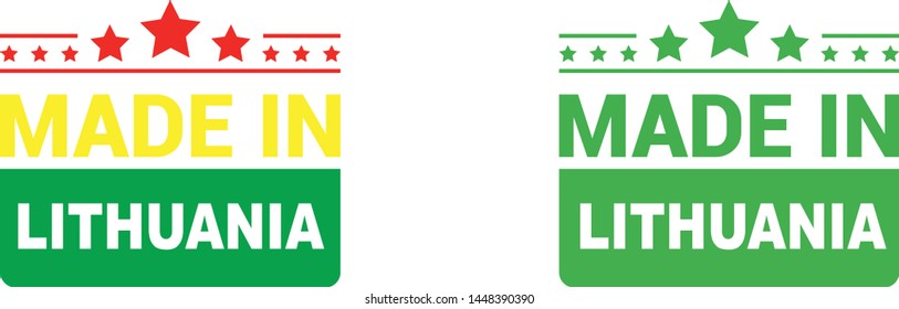 Made in Lithuania collection of ribbon, label, stickers, badge, icon and page curl with Lithuania flag symbol. Vector illustration isolated on white background.  Stamp with Made in Lithuania text.