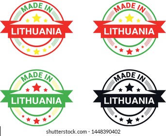 Made in Lithuania collection of ribbon, label, stickers, badge, icon and page curl with Lithuania flag symbol. Vector illustration isolated on white background.  Stamp with Made in Lithuania text.