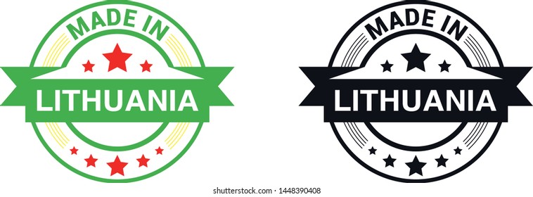 Made in Lithuania collection of ribbon, label, stickers, badge, icon and page curl with Lithuania flag symbol. Vector illustration isolated on white background.  Stamp with Made in Lithuania text.