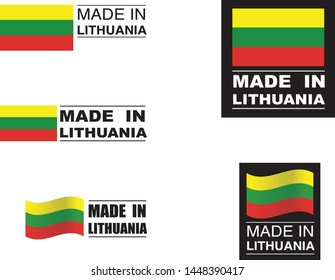 Made in Lithuania collection of ribbon, label, stickers, badge, icon and page curl with Lithuania flag symbol. Vector illustration isolated on white background.  Stamp with Made in Lithuania text.