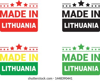 Made in Lithuania collection of ribbon, label, stickers, badge, icon and page curl with Lithuania flag symbol. Vector illustration isolated on white background.  Stamp with Made in Lithuania text.
