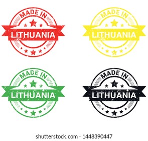 Made in Lithuania collection of ribbon, label, stickers, badge, icon and page curl with Lithuania flag symbol. Vector illustration isolated on white background.  Stamp with Made in Lithuania text.