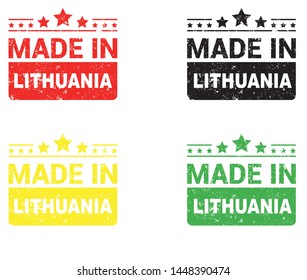 Made in Lithuania collection of ribbon, label, stickers, badge, icon and page curl with Lithuania flag symbol. Vector illustration isolated on white background.  Stamp with Made in Lithuania text.