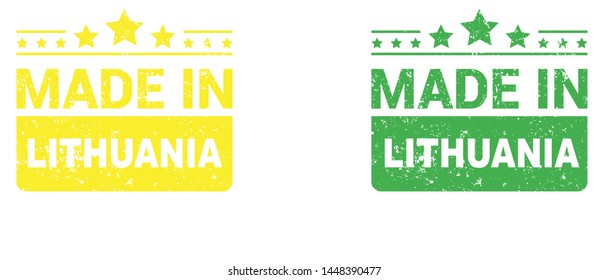 Made in Lithuania collection of ribbon, label, stickers, badge, icon and page curl with Lithuania flag symbol. Vector illustration isolated on white background.  Stamp with Made in Lithuania text.