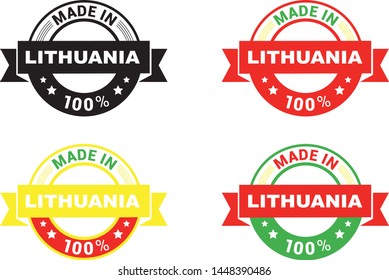 Made in Lithuania collection of ribbon, label, stickers, badge, icon and page curl with Lithuania flag symbol. Vector illustration isolated on white background.  Stamp with Made in Lithuania text.