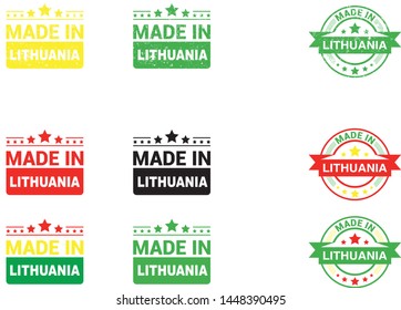 Made in Lithuania collection of ribbon, label, stickers, badge, icon and page curl with Lithuania flag symbol. Vector illustration isolated on white background.  Stamp with Made in Lithuania text.