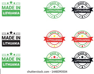 Made in Lithuania collection of ribbon, label, stickers, badge, icon and page curl with Lithuania flag symbol. Vector illustration isolated on white background.  Stamp with Made in Lithuania text.
