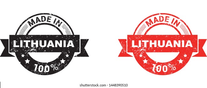 Made in Lithuania collection of ribbon, label, stickers, badge, icon and page curl with Lithuania flag symbol. Vector illustration isolated on white background.  Stamp with Made in Lithuania text.