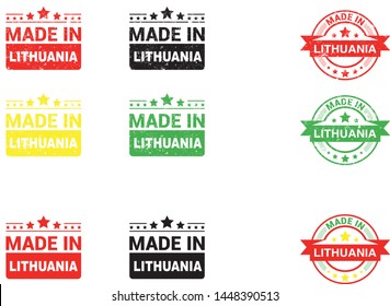 Made in Lithuania collection of ribbon, label, stickers, badge, icon and page curl with Lithuania flag symbol. Vector illustration isolated on white background.  Stamp with Made in Lithuania text.