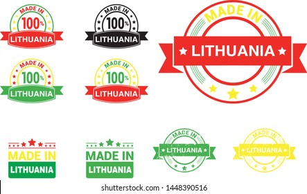 Made in Lithuania collection of ribbon, label, stickers, badge, icon and page curl with Lithuania flag symbol. Vector illustration isolated on white background.  Stamp with Made in Lithuania text.