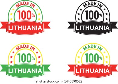 Made in Lithuania collection of ribbon, label, stickers, badge, icon and page curl with Lithuania flag symbol. Vector illustration isolated on white background.  Stamp with Made in Lithuania text.