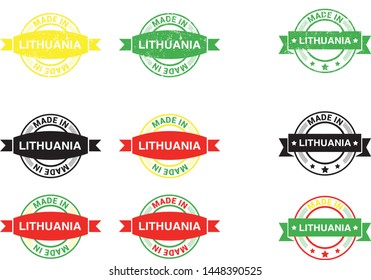 Made in Lithuania collection of ribbon, label, stickers, badge, icon and page curl with Lithuania flag symbol. Vector illustration isolated on white background.  Stamp with Made in Lithuania text.