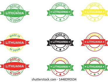 Made in Lithuania collection of ribbon, label, stickers, badge, icon and page curl with Lithuania flag symbol. Vector illustration isolated on white background.  Stamp with Made in Lithuania text.