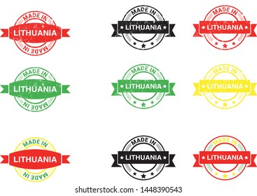 Made in Lithuania collection of ribbon, label, stickers, badge, icon and page curl with Lithuania flag symbol. Vector illustration isolated on white background.  Stamp with Made in Lithuania text.