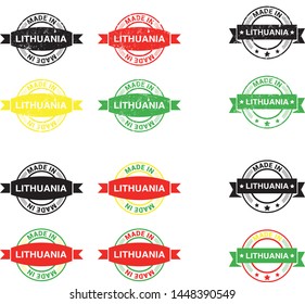 Made in Lithuania collection of ribbon, label, stickers, badge, icon and page curl with Lithuania flag symbol. Vector illustration isolated on white background.  Stamp with Made in Lithuania text.