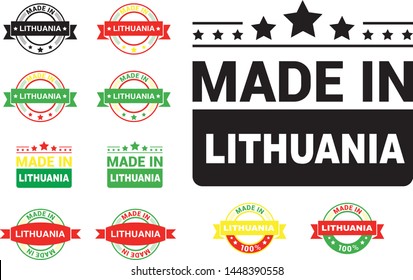 Made in Lithuania collection of ribbon, label, stickers, badge, icon and page curl with Lithuania flag symbol. Vector illustration isolated on white background.  Stamp with Made in Lithuania text.