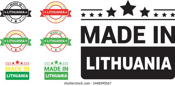 Made in Lithuania collection of ribbon, label, stickers, badge, icon and page curl with Lithuania flag symbol. Vector illustration isolated on white background.  Stamp with Made in Lithuania text.
